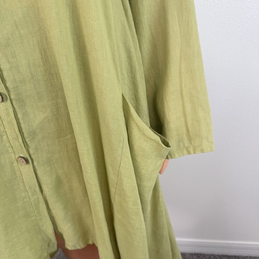 SAGA Green Linen Shirt Dress Pockets OS Lagenlook Long Sleeve Italy Made - Picture 6 of 14